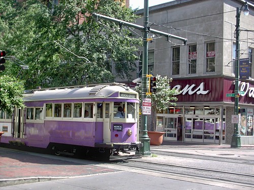 Purple Australian streetcar heading south on Main Street at the intersection of Madison Avenue. Memphis Tennesee. September 2007. by Eddie from Chicago