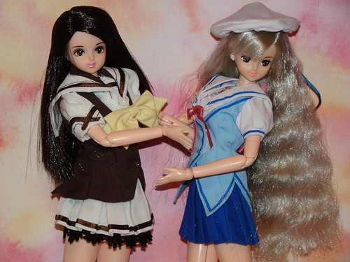 takara Jenny friend doll,  Kimono Sayaka (dressed in SHUFFLE! National Verbena School Woman Uniform) & Licca Castle Sayuri (dressed in DCSS Girl Uniform Katori Version)