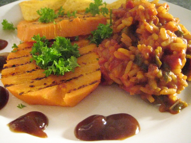 rice & beans with grilled sweet potato