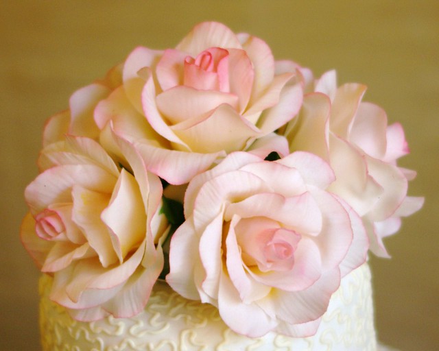 Pink sugar roses on top of cornelli lace wedding cake