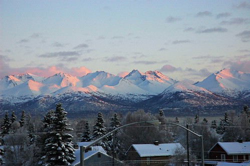 Chugach Range Mountains, Christmas Eve, viewed from the 4th floor Pioneer's Home, Anchorage, Alaska, USA by Wonderlane