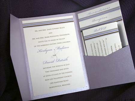 Lavender Chocolate Brown Mod Stripes Pocket Wedding Invitation