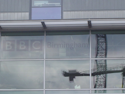 BBC at the Mailboc in Birmingham - window with a reflection of a crane