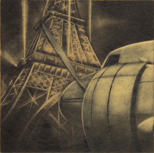 Sketchbook, Paris. DC-3 (vintage airship) looking upward, Eiffel Tower,