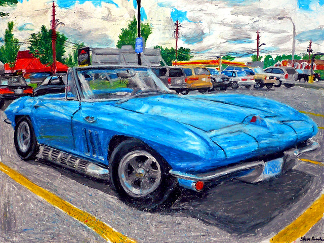 An oil pastel drawing of a mid1960's Corvette Stingray convertible