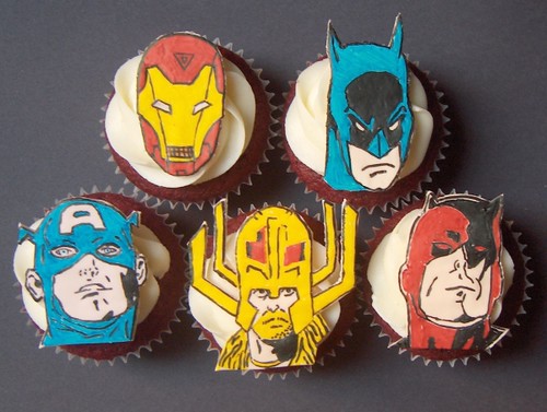 Comic Book Cupcakes Red velvet cupcakes filled with chocolate cream cheese 