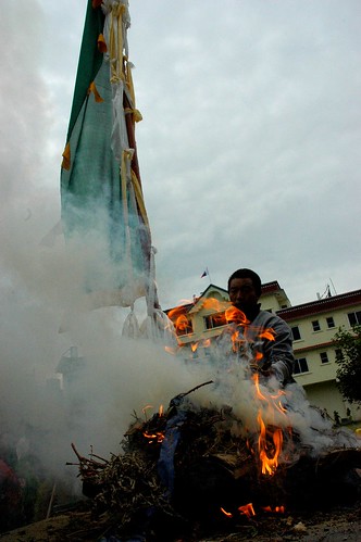 Sur Offering Burning, A Cloud of Incense, Tharlam Monastery Courtyard, Boudha, Kathmandu, Nepal by Wonderlane