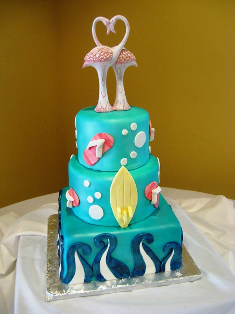 Flamingo Beach Theme Wedding Cake from 3 Sisters Chocolate Bakery