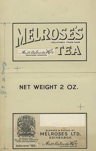 Black and white mock-up of two labels for Melrose Tea