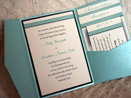 Tiffany Blue Black Mod Stripes Pocket Wedding Invitation
