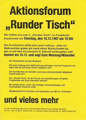 Flyer Aktionsforum Runder Tisch. Frankfurter Kunstverein Dezember 1997