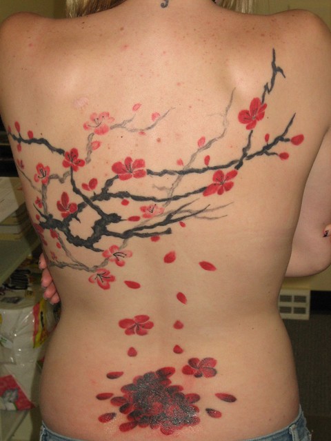 Cherry Blossom Tree Tattoo Back piece with no line work