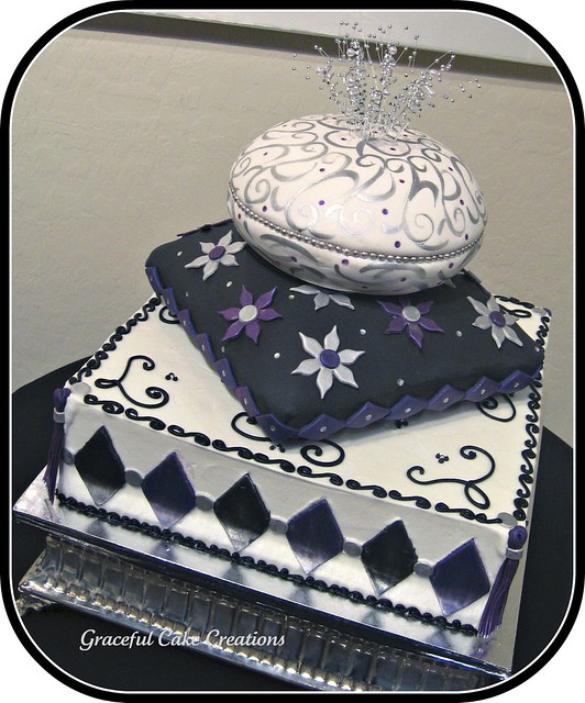 Purple Black and Silver Pillow Wedding Cake