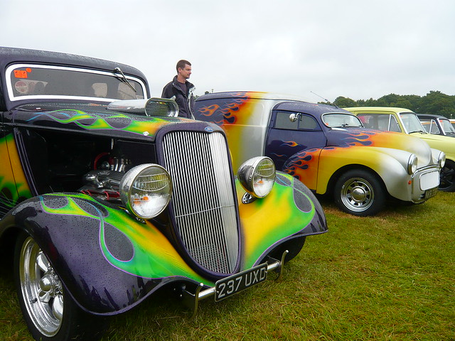 Old Ford and Morris Minor with cool flames
