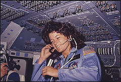 [Sally Ride] America's first woman astronaut communitcates with ground controllers from the flight deck during the six day mission of the Challenger. National Aeronautics and Space Administration., 06/18/1983 - 06/24/1983