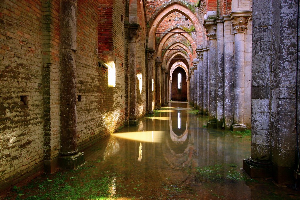 Ancient abbey and reflections