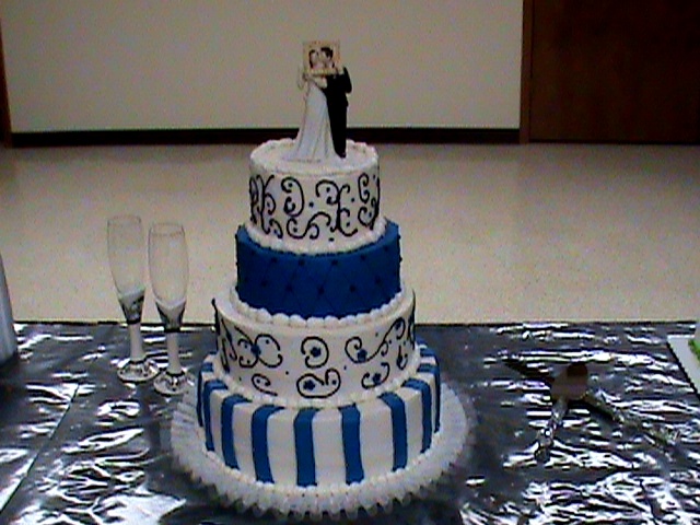 Black white and blue wedding cake