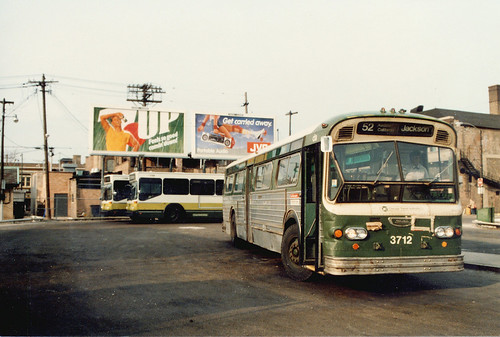 New and old at the CTA West 63rd Place bus terminal. March 1986. by Eddie from Chicago