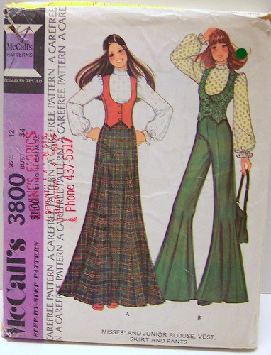 Vintage McCalls Sewing Pattern 3800 Boho Maxi Skirt Pants Fitted Low Vest and cute blouse Size 12 Bust 34 waist 26 Hip 36