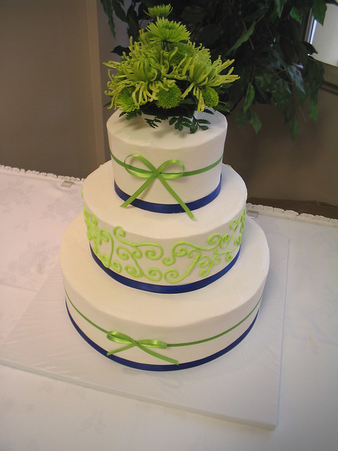 3 tier wedding lime green and royal blue ribbon