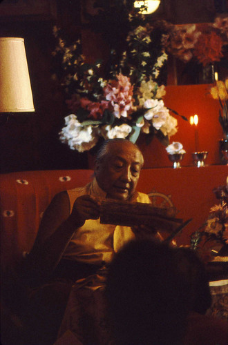 HH Dilgo Khyentse Rinpoche reading a pecha, Sakya Ward St Dharma Center, Seattle, Washington, USA 1976 by Wonderlane