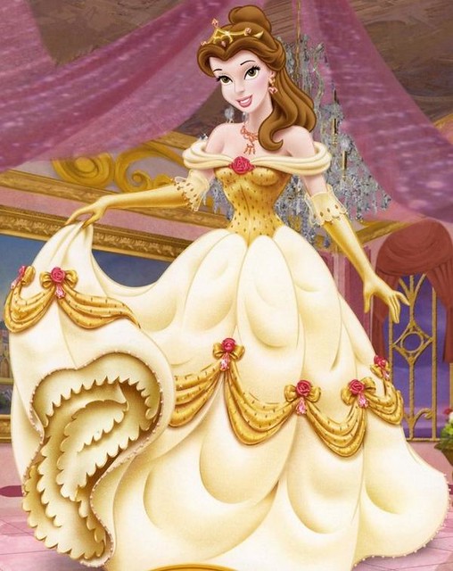Here is Belle in her Golden gown in a Ballroom scene