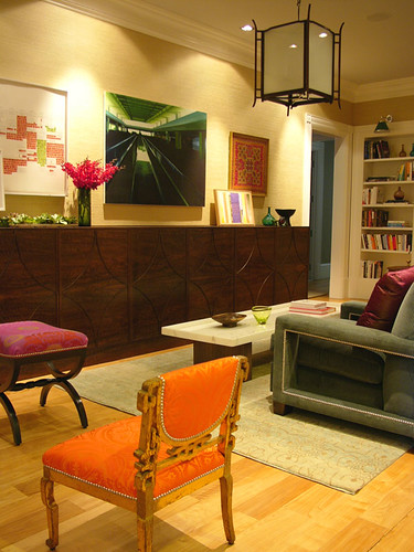 Frank Roop: Modern, colorful living room + damask + paisley + velvet