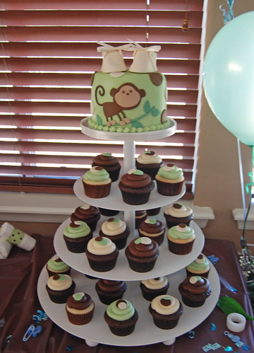 Sage green brown and cream monkey themed baby shower cupcake tower