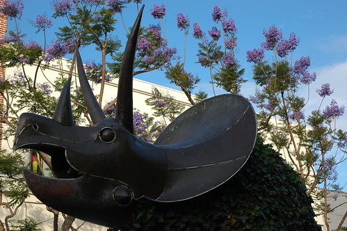 Face detail: Giant chia pet, triceratops, dinosaur statue, contemporary art, Santa Monica, California, USA by Wonderlane