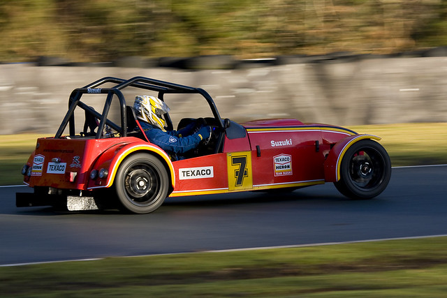 An MK Indy Lotus 7 replica at Druids with Barry Sheene replica paint and