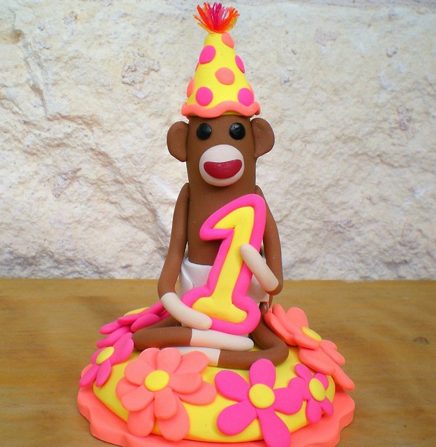 Sock Monkey Birthday Cake Topper The magenta orange and yellow wedding 