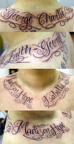 lettering on neck tattoo Tattooed by Johnny at The Tattoo Studio