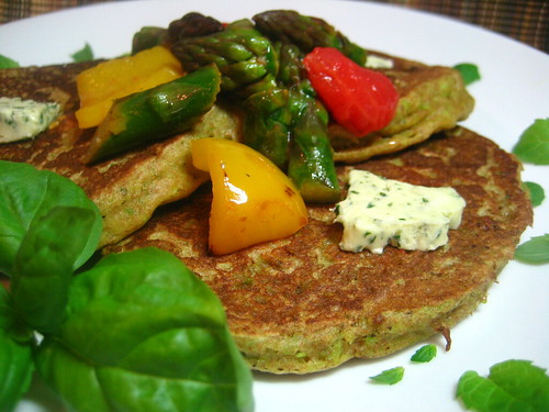 English Pea Pancakes with Colorful Vegetable Saute and Basil Butter