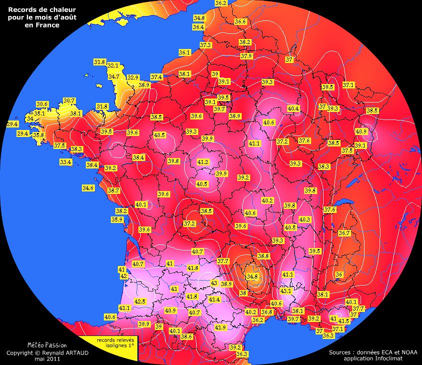 records de chaleur des températures maximales pour le mois d'août en France Reynald ARTAUD météopassion