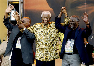 Jacob Zuma, Nelson Mandela and Thabo Mbeki in 2008 honoring the 90th birthday of Mandela. Zuma was inaugurated as president of South Africa on May 9, 2009. by Pan-African News Wire File Photos