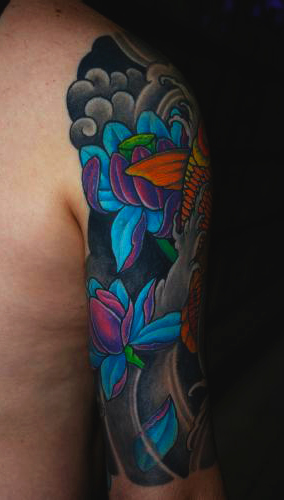 Half Sleeve Japanese Koi and Hanya Tattoo Back by mitchmiami