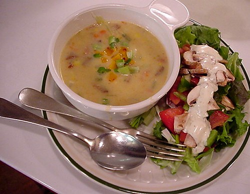 3 cheese & chiles vegetable soup with salad