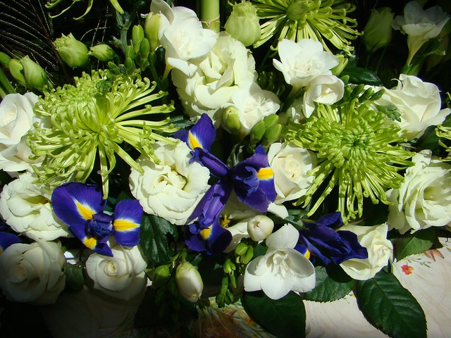 Green white and blue wedding flower arrangement 2 Gay Corran West 