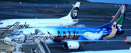 Alaska Airlines 737 with a special paint job - taken at 5 a.m. on an Alaskan morning