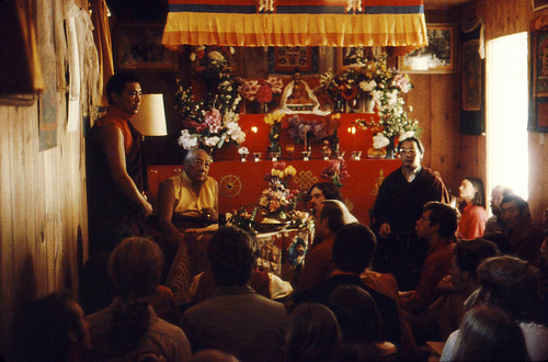 Pema Wangyal Rinpoche and HH Dilgo Khyentse Rinpoche and HH Dagchen Sakya Rinpoche, Tour of HH Dilgo Khyentse Rinpoche at Sakya  with a group of students, Ward St Dharma Center Seattle Washington USA 1976 by Wonderlane