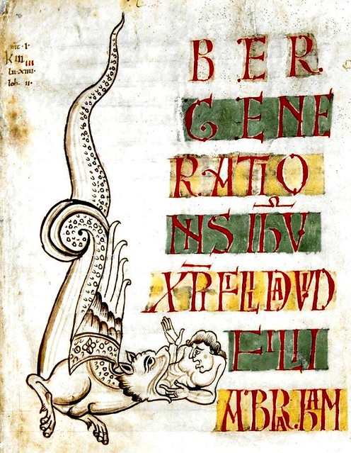 Large zoomorphic initial 'L'([i]ber) in pen and wash with a dragon swallowing a man