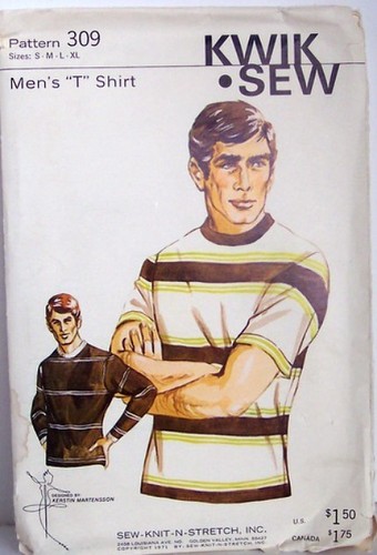 Vintage Kwik Sew Pattern 309 Mens T Shirt Multisized Small Medium Large and XLarge 