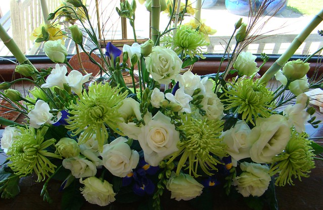 Green white and blue wedding flower arrangement 1 Gay Corran West 