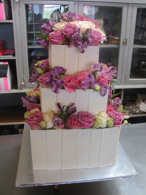 3 Tier white chocolate tiles Wedding cake with lilac pink flowers