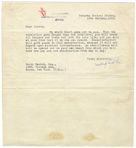 Letter from Mahatma Gandhi (in prison) to Harry Deutch