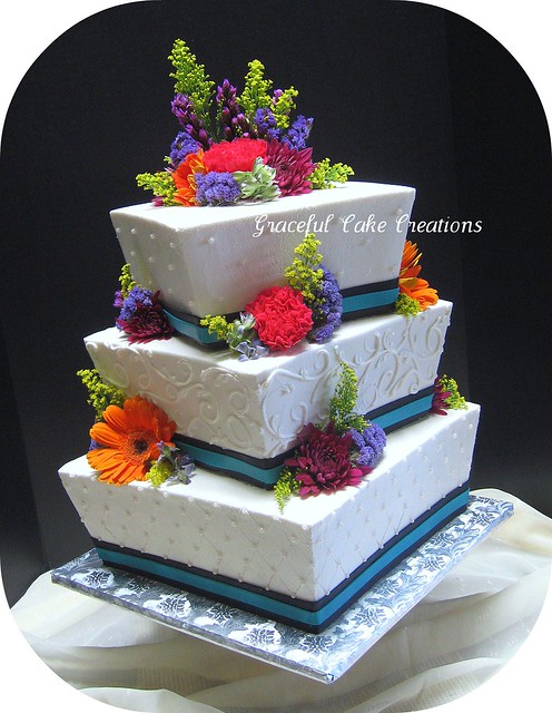 Elegant Ivory Teal and Black Square Wedding Cake