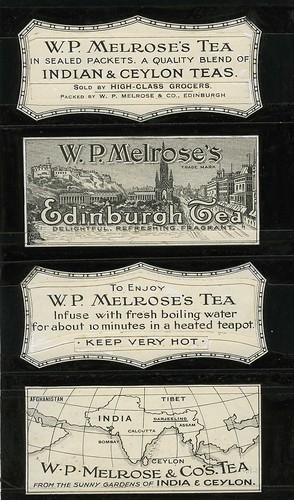 Four black and white labels for Melrose's Edinburgh Tea