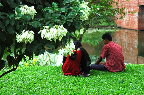lovers in paradise, two people sit side by side on a lush grass near a brick bridge over a lily pond, inside a beautiful garden at জাতীয় স্মৃতি সৌধ Jatiyo Smriti Soudho Independence memorial park, Savar, Dhania, Dhaka, Bangladesh by Wonderlane