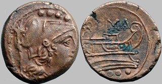 56/4 overstrike anonymous Triens. Anonymous Semuncial overstrike Minerva Prow, possibly Second Punic War overstrike. AM#0374-62 mm 6g22