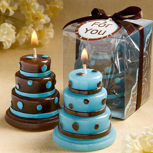 Luscious blue and brown wedding cake candle favors